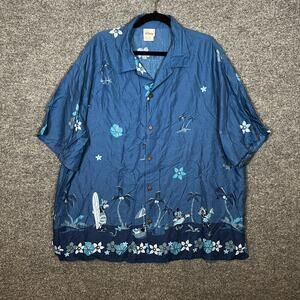 Disney Hawaiian Shirt Mens XL Blue Floral Mickey And‎ Friends Vtg Y2K Button Up